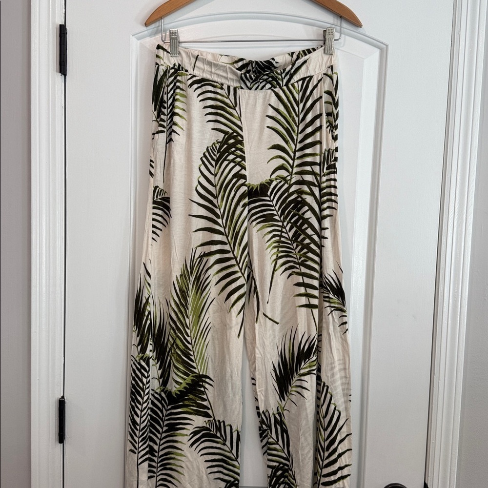 🟠 H&M Off White & Green Palm Print Wide Leg Jersey Trousers Size Medium - Picture 8 of 11